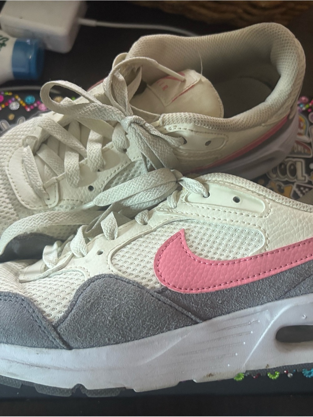 Nike AIR Women's White Sneakers with Pink Swoosh and Gray Suede size 7